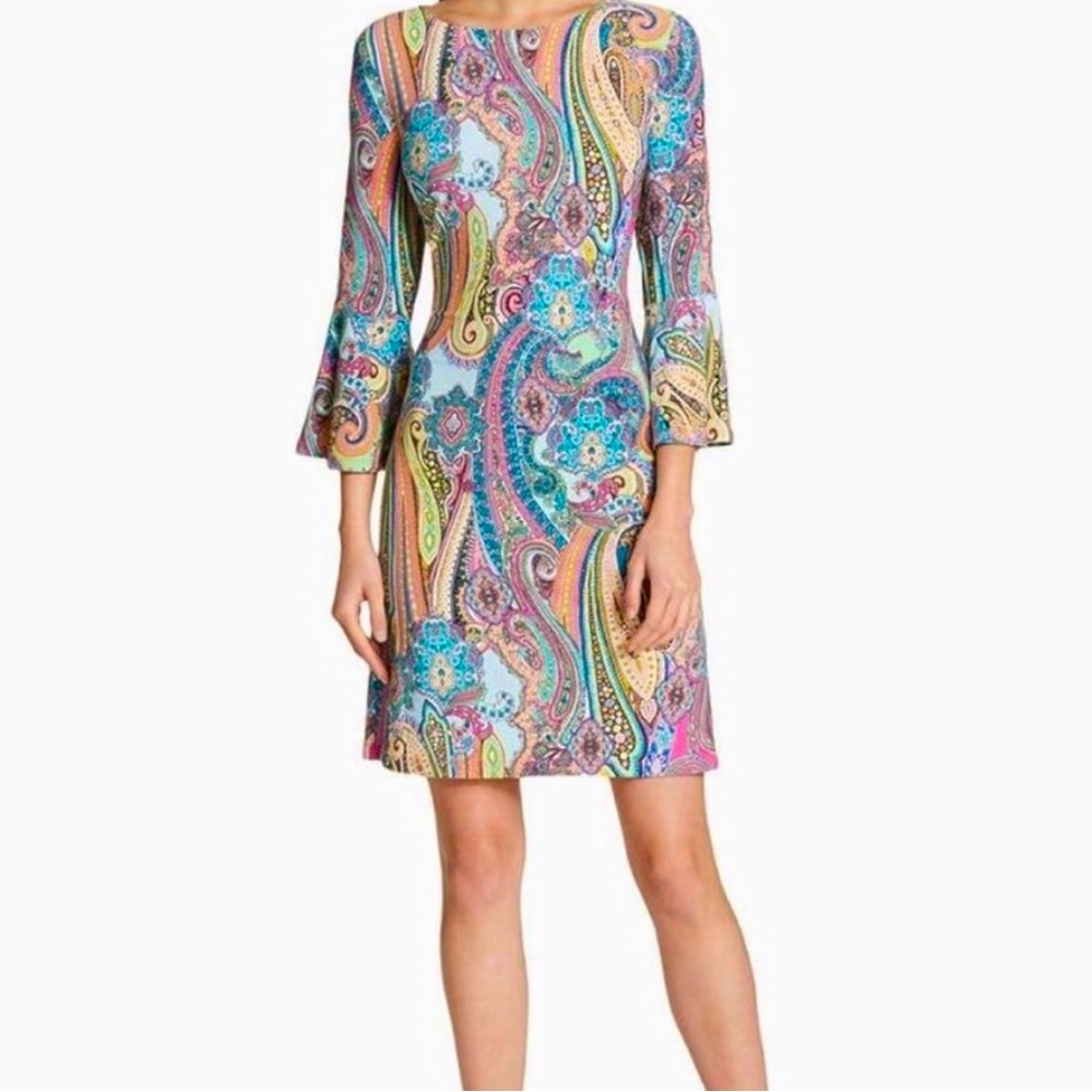 ☮️Tommy Hilfiger Multicolor Boho Retro Pattern Paisley Bell 3/4 Sleeve Mid Dress